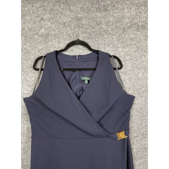 Ralph Lauren Crepe Sleeveless Dress Navy Blue Midi Gold Plated Logo Size 16 - Picture 2 of 16